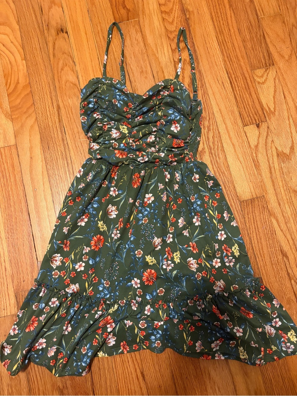 Abound Green Floral Smocked Sundress with Red and White Blooms